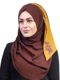Hijab 2 couleurs avec fleur brode marron-jaune