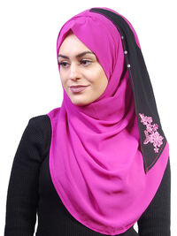 Hijab 2 couleurs avec fleur brode fuchia- noir