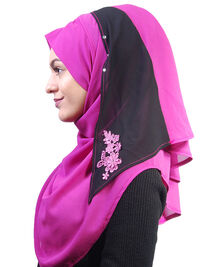 Hijab 2 couleurs avec fleur brode fuchia- noir