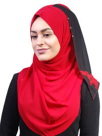 Hijab 2 couleurs avec fleur brode rouge-noir