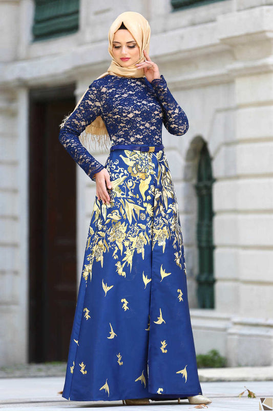 Modest Fashion Sax Blue Hijab Abend Kleid SX