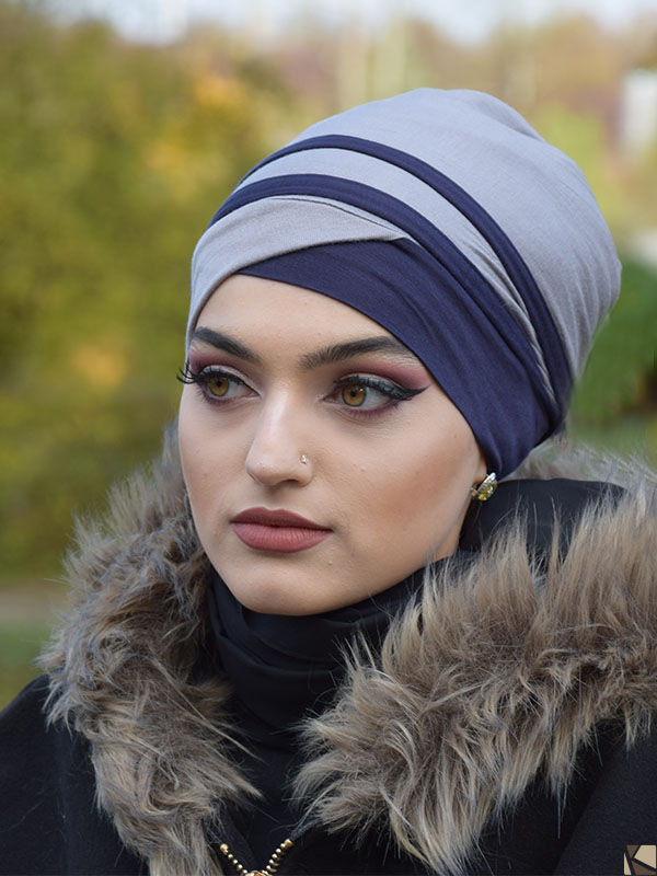 Hijab Turban gris-bleu marine