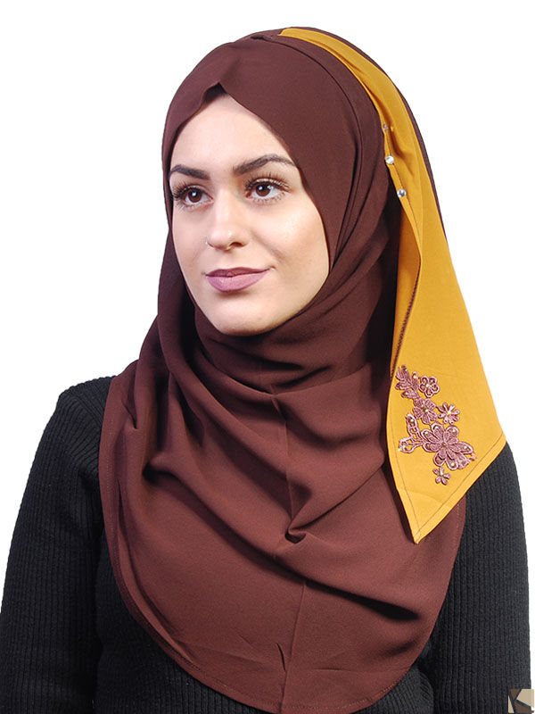 Hijab 2 couleurs avec fleur brodée marron-jaune