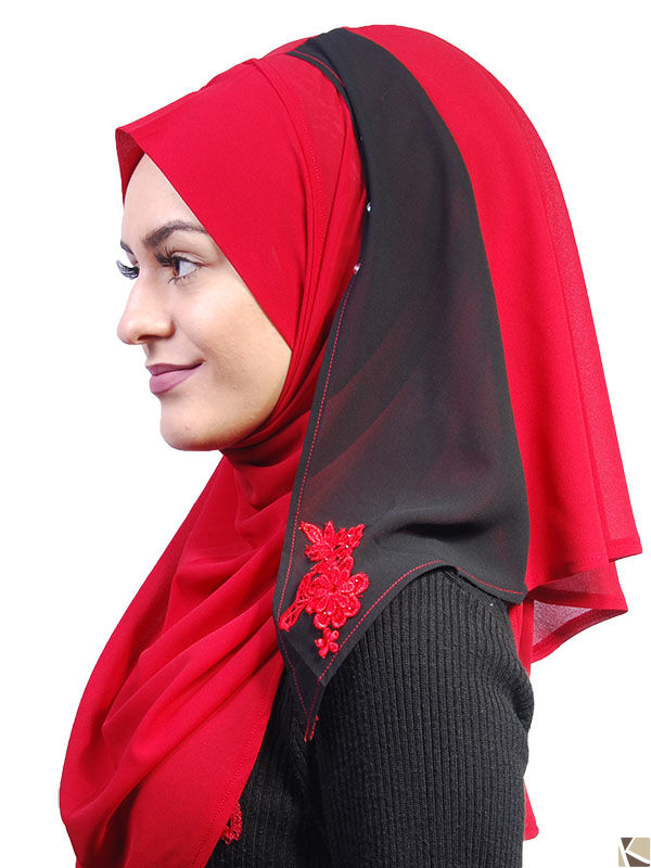 Hijab Kuwaity Blumendesign rot-schwarz