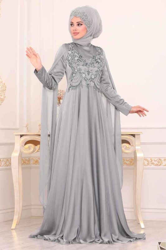 Modest Fashion Grey Hijab Abend Kleid GR