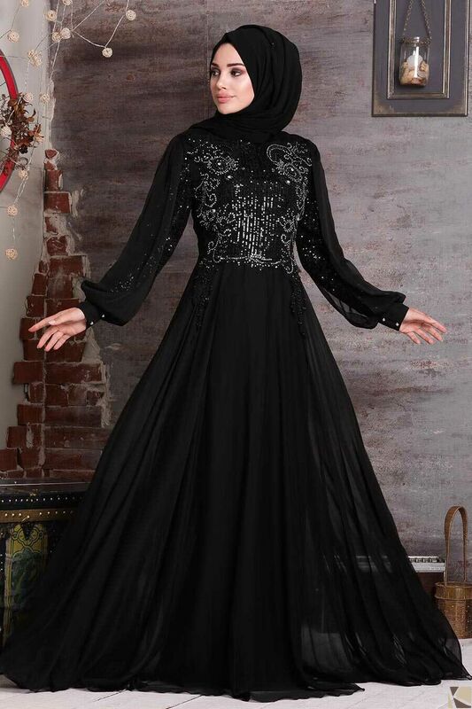 Modest Fashion Black Hijab Abend Kleid S