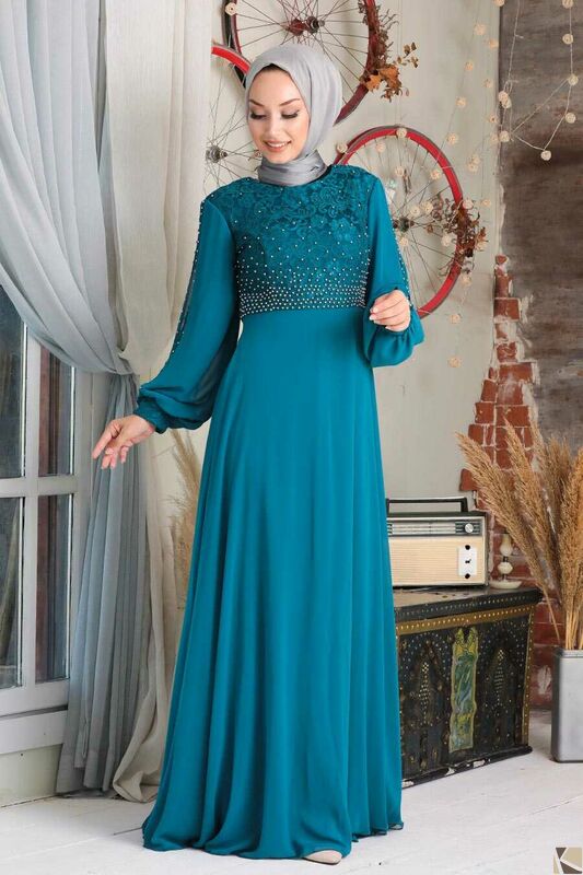 Modest Fashion Petrol Blue Hijab Abend Kleid PM