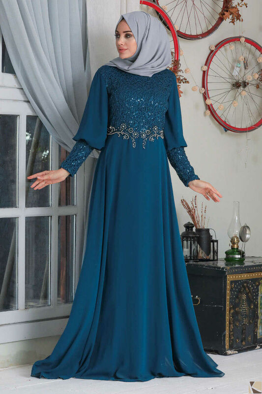 Modest Fashion ?ndigo Blue Hijab Abend Kleid IM